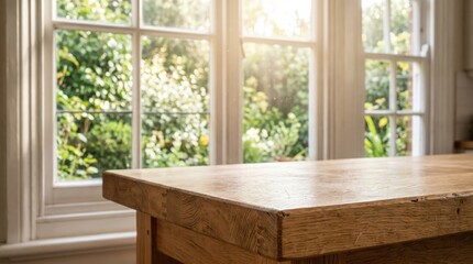 Fototapeta premium Empty rustic wooden table surface in sunlit home kitchen for product mockup presentation with a blurred garden view