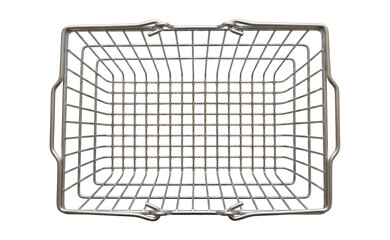 Top-down view of empty silver metal wire shopping basket, isolated PNG.Empty stainless steel wire basket, top view design element on transparent background © SUMMER72