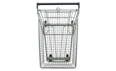 Top-down view of an empty silver metal shopping cart, isolated PNG.Empty commercial shopping trolley basket with wheels and child seat flap, cutout © SUMMER72