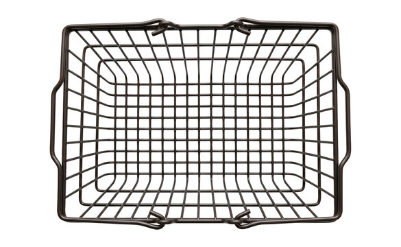 Top-down view of an empty dark brown wire shopping basket, isolated PNG.Empty shopping basket in dark brown metal for home goods or craft stores