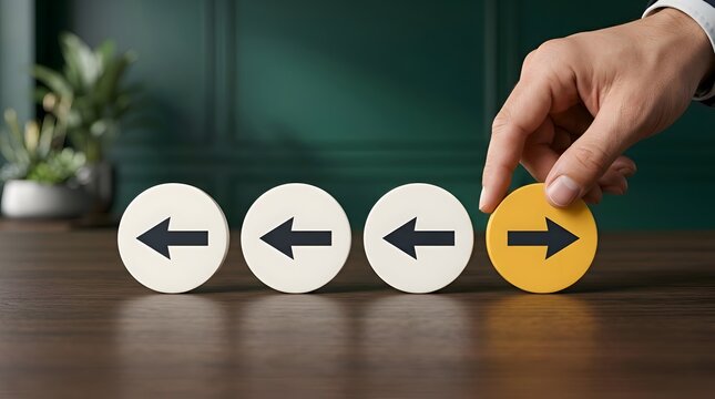 Hand placing yellow circle with right arrow to change direction against row of white circles with left arrows, representing choice and individuality