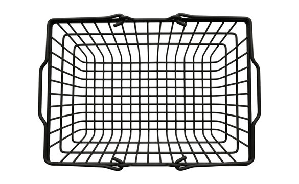 Top view of empty matte black wire shopping basket, isolated PNG.Isolated modern satin black wire supermarket basket on transparent background