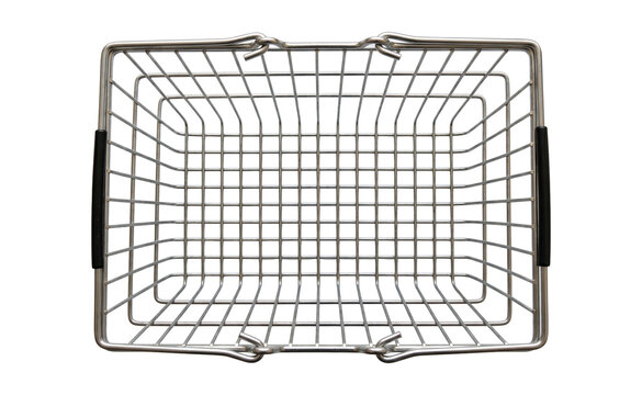 Top view of silver metal wire shopping basket with black handles, isolated PNG.Add to Cart web element: Silver metal wireframe shopping basket with black grip