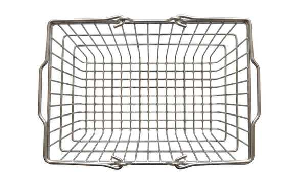 Top-down view of empty silver metal wire shopping basket, isolated PNG.Empty stainless steel wire basket, top view design element on transparent background