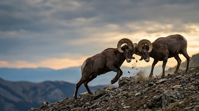Two bighorn sheep rams clashing horns on a rocky mountain ridge