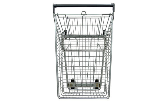 Top-down view of an empty silver metal shopping cart, isolated PNG.Empty commercial shopping trolley basket with wheels and child seat flap, cutout