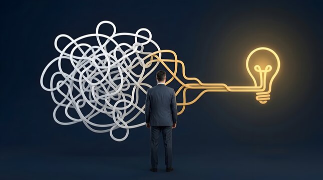 Businessman standing between chaotic tangle and clear path leading to illuminated light bulb symbolizing problem-solving and idea generation