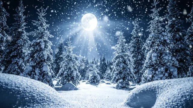 Snowy forest at night with moonlight.