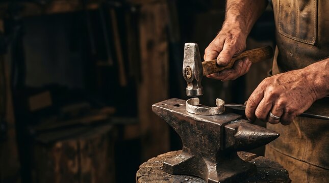 Craftsman shaping a metal bracelet on an anvil with a hammer