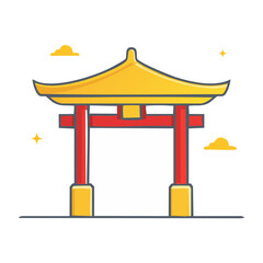 Obraz premium Flat illustration of a red and yellow Torii gate with clouds