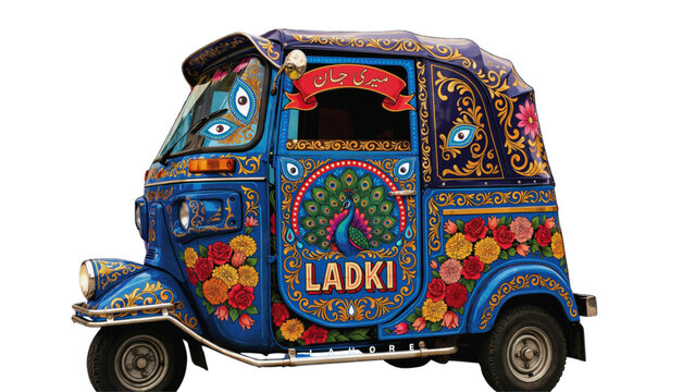 Colorful decorated auto rickshaw with vibrant patterns driving on road Vector