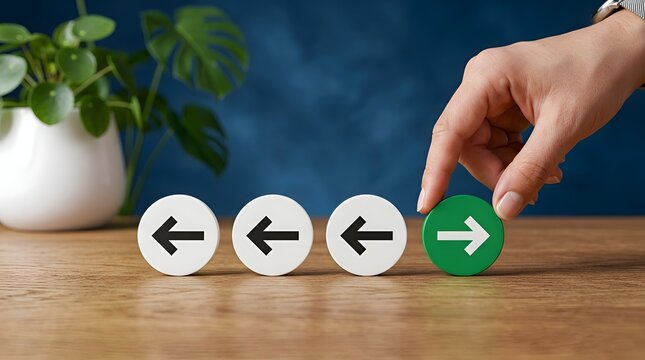 Hand placing a green circle with a right arrow, breaking conformity of white circles with left arrows on a wooden surface