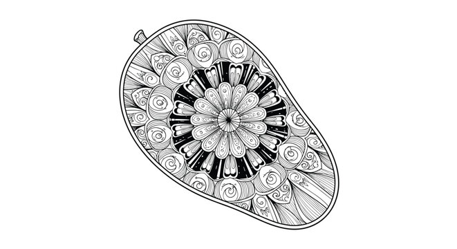 Intricate black and white illustration of a halved mango, featuring a beautiful mandala-like floral pattern replacing the pit and swirling textures on its flesh, combining fruit with spiritual art.