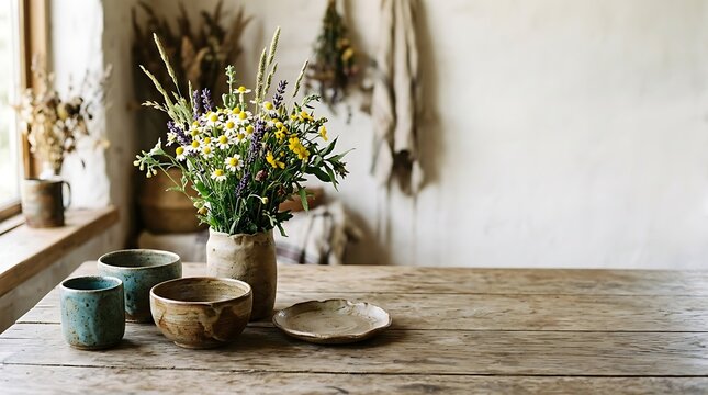 Rustic table setting with wildflower bouquet and handmade pottery