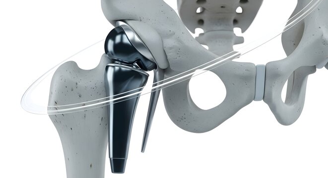 Hip joint replacement prosthesis on bone model