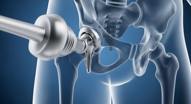 Hip replacement prosthesis inside human pelvis bone