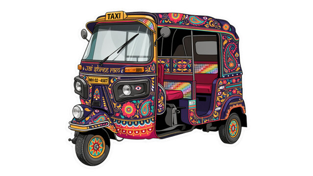 Colorful auto rickshaw vehicle driving on road with passengers Vector