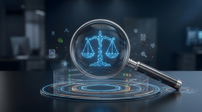 Digital scales of justice symbol scrutinized under magnifying glass, representing legal audit and cybersecurity in a futuristic digital environment.