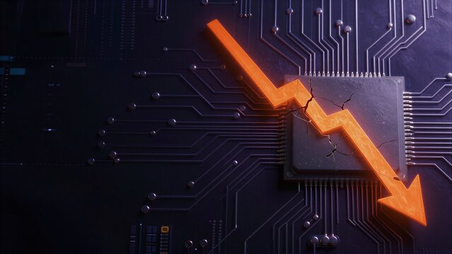 A glowing arrow cracks a circuit board, symbolizing tech disruption and innovation.
