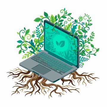 Green technology concept with laptop computer growing organic roots and lush green leaves.