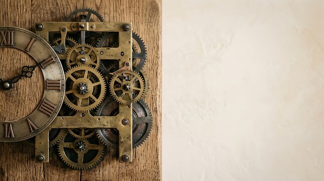 Antique clock mechanism with brass gears on rustic wood
