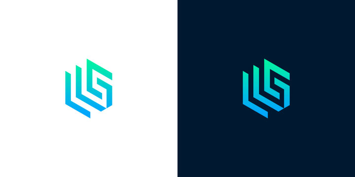 Hexagonal monogram logo with letters L and S in blue and green gradient on white and dark backgrounds