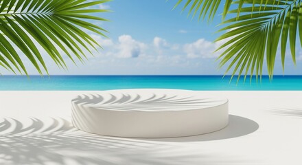 Obraz premium White circular podium for product display on beach with palm shadows