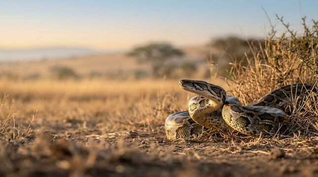Large python coiled in a dry savanna during golden hour