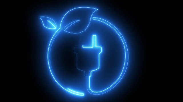 Neon glowing battery charging icon animation. Abstract neon bolt icon with circle on black background .neon line power charging icon animation. 4k video.