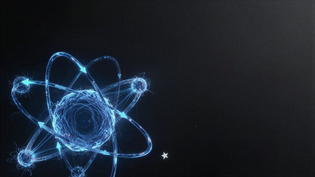 Glowing atomic structure floats in dark space, with a distant star shining softly nearby.