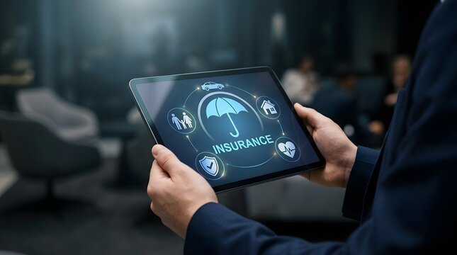 Insurance technology solutions digital tablet displaying coverage icons for auto home health and family protection