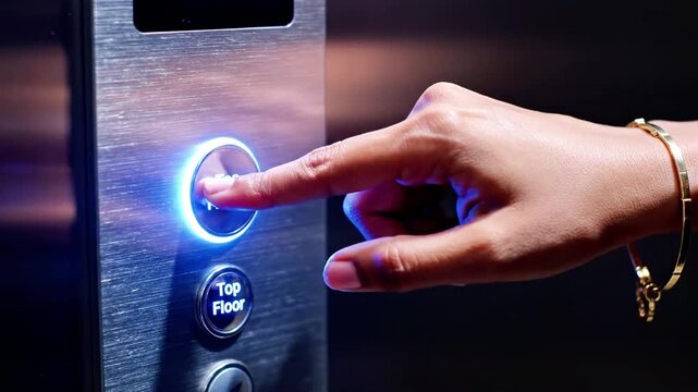 A hand pressing an elevator button with a gold bracelet