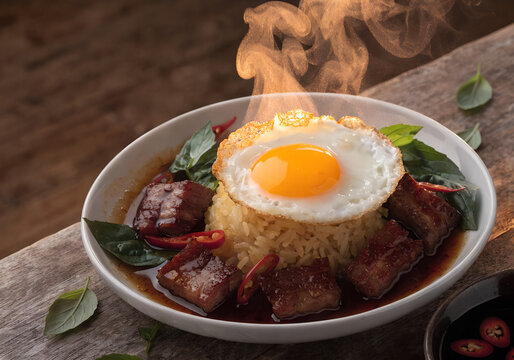 Pad Kra Pao Moo Krob, traditional Thai stir-fried crispy pork belly with holy basil and fried egg on rice, served hot with steam in a plate on wooden table background