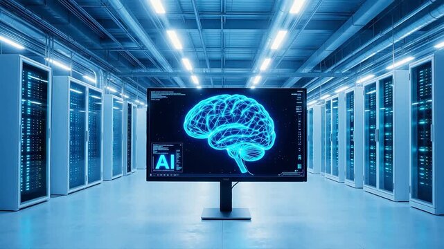 AI brain on monitor in server room