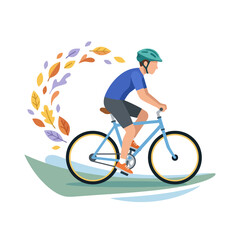 Fototapeta premium Man riding a bicycle with colorful autumn leaves flying behind him in a flat vector illustration.