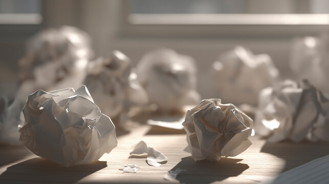 Crumpled Paper Balls on a Wooden Desk Illuminated by Window Light