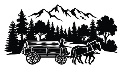 horse drawn cart with logs in forest silhouette trees mountains wagon transport © Ataullah