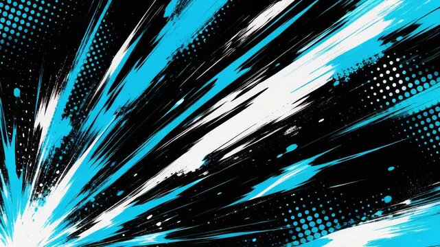 Dynamic abstract graphic with blue, white, and black brush strokes and halftone dots