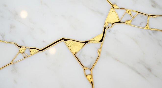 Classic white stone slab featuring geometric gold inlaid decorative structures marble background