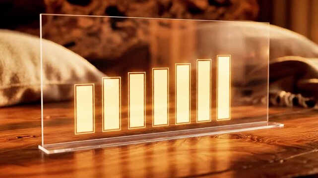 A 3D bar graph on a glass stand on a wooden table in a cozy room