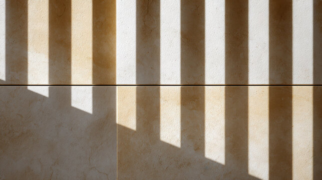 Shadows cast by vertical blinds create a striking pattern on a textured wall