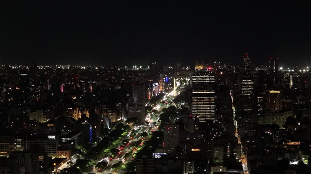 Night aerial view of 9 de Julio Avenue and the Obelisk. Eva Per&oacute;n Building, Buenos Aires, Argentina, tourism, illuminated city