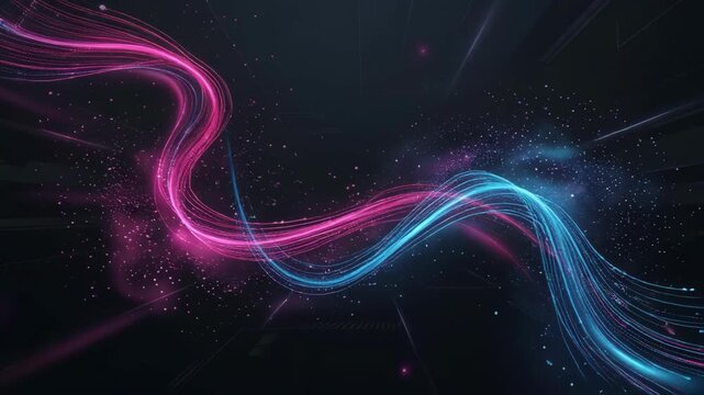 Abstract digital wave streams in pink and blue with particle effects on dark background