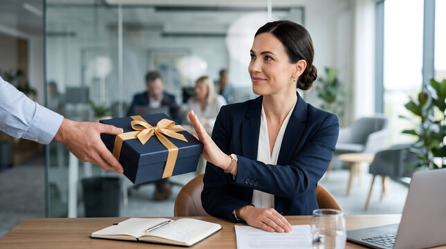 Businesswoman refusing a gift box in the office, representing corporate compliance and anti corruption ethics