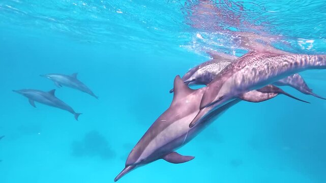 Slow motion video of a pod of spinner dolphins swimming through crystal clear blue water in the Red Sea, Egypt.