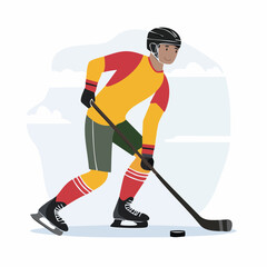 Obraz premium Flat illustration of a hockey player skating with a stick and puck