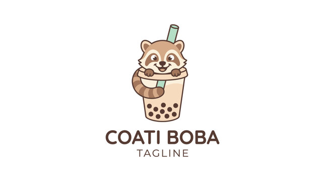 Cute coati boba tea mascot logo design for drinks.