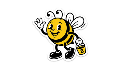 Fototapeta premium Retro honey bee character carrying a small bucket.