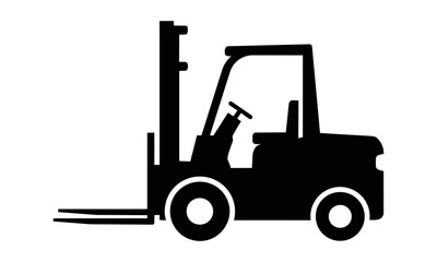 Naklejka premium Black silhouette icon of an industrial forklift truck in side profile featuring a simplified lifting mast and heavy wheels isolated on a white background logistics concept