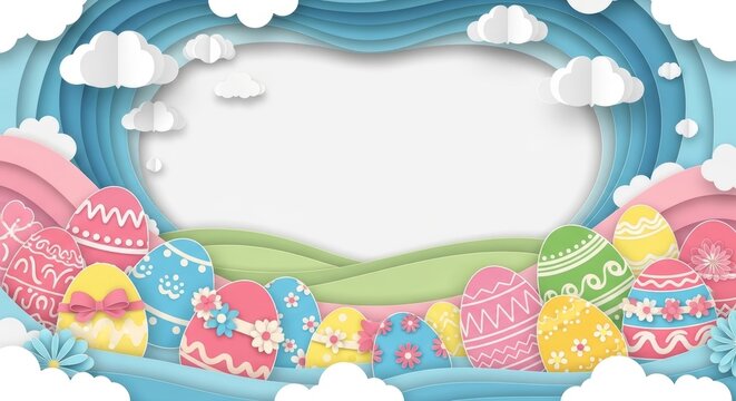 Easter egg frame made in paper craft style. Spring meadow with colorful painted eggs and white clouds against a blue sky. Horizontal background for seasonal greeting card invitation.